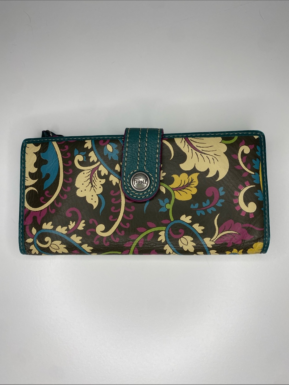 Fossil SL3084 Floral Paisley Leather Wallet Teal Purple Boho Organizer